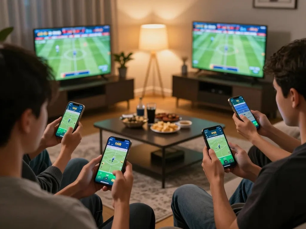 Soc88 users engaged in live sports betting on their smartphones, creating a dynamic home atmosphere