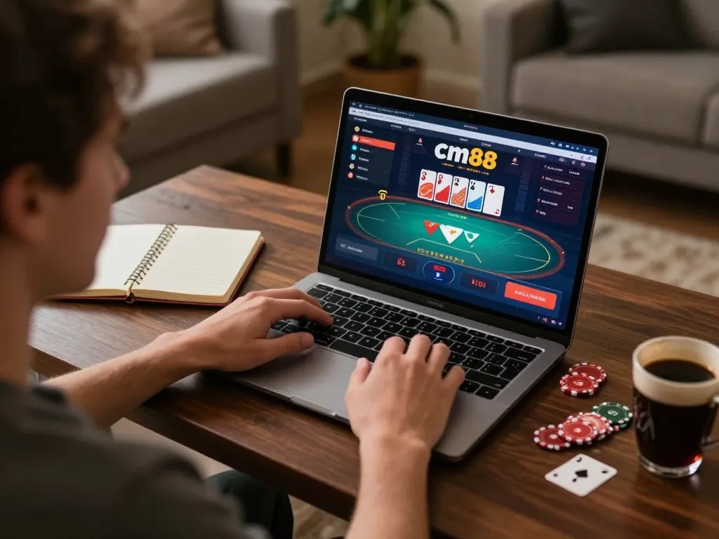 Engaged player using cm88 online platform for poker gameplay at home with strategic notes.
