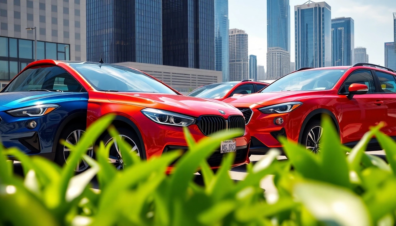 Ashley cars displayed vibrantly against a city skyline, highlighting modern design and urban lifestyle.