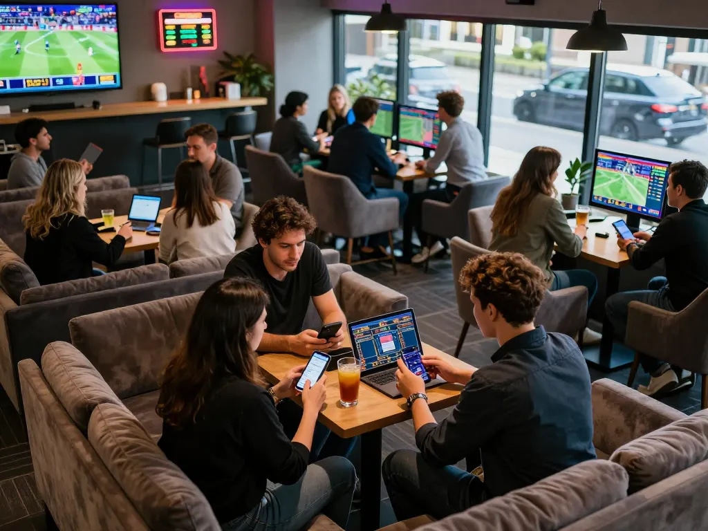 Engaged bettors at DV88 analyzing odds during an exciting sports betting event.