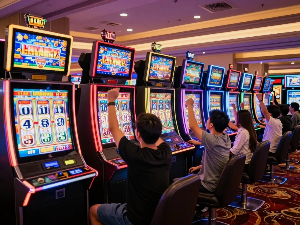 Players celebrating wins on vibrant Slot Malaysia machines in a lively casino atmosphere
