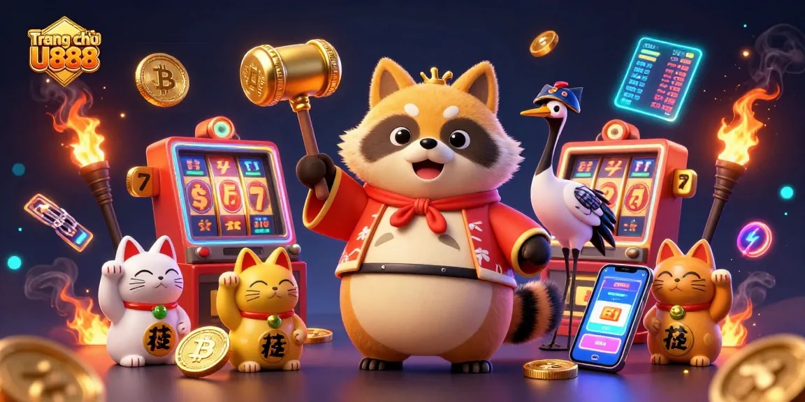 Engage in thrilling gaming experiences on Trang chủ U888 with vibrant visuals of lucky characters and casino elements.