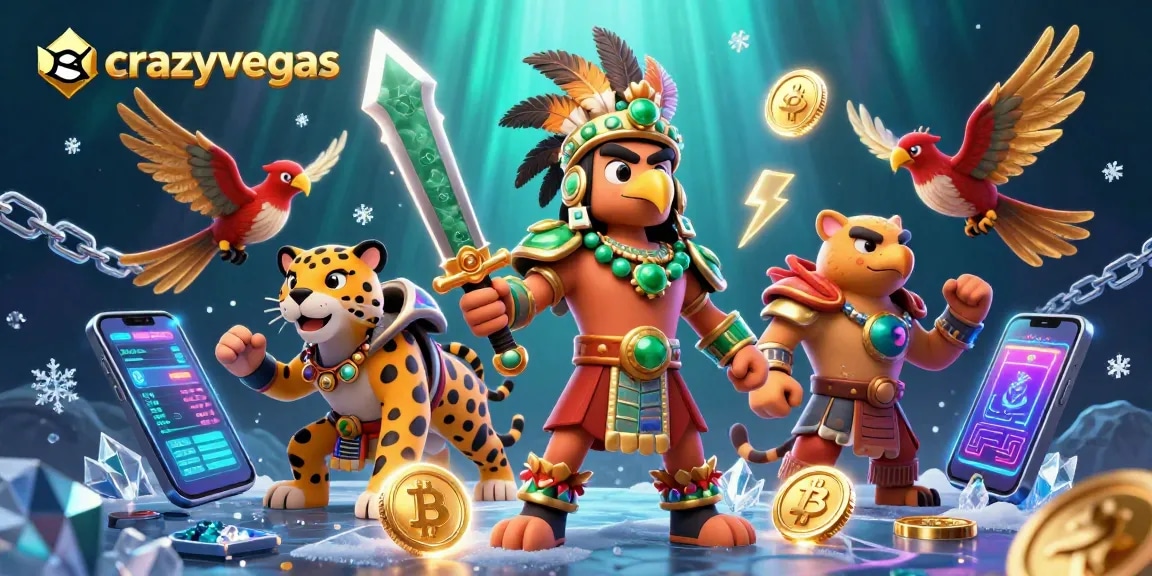 Experience thrilling wins with crazyvegas among 3D Aztec warriors, Bitcoin coins, and vibrant gambling elements.