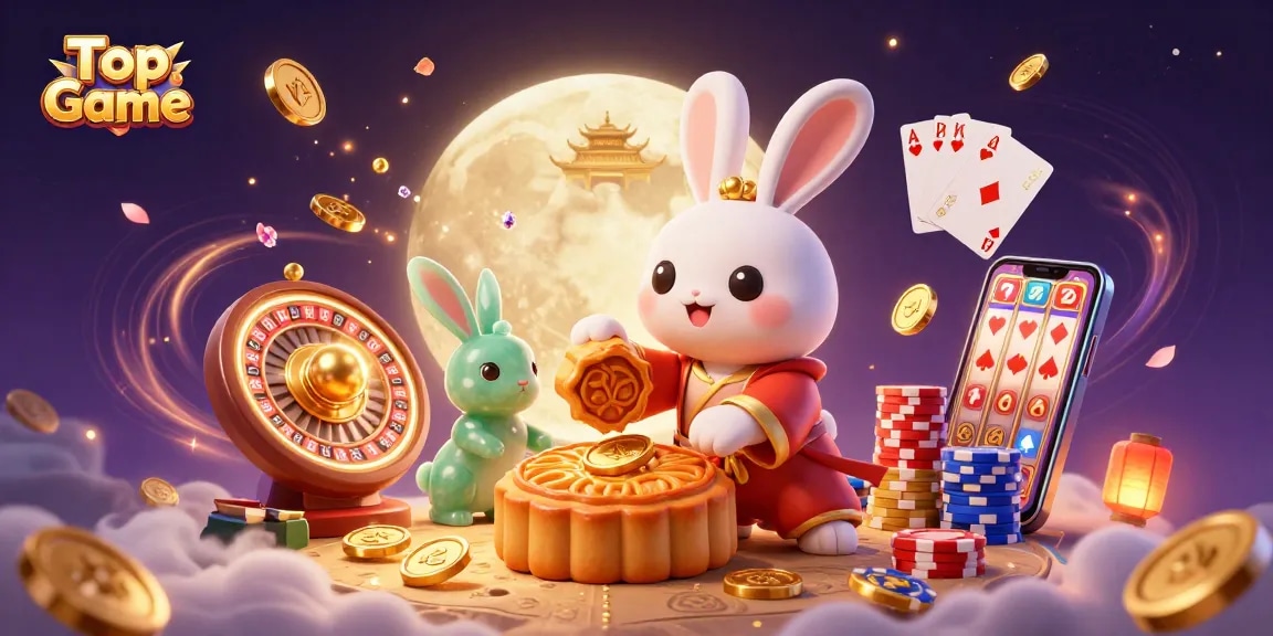 Win at Top Game with a mystical 3D scene featuring a moon rabbit and casino elements.