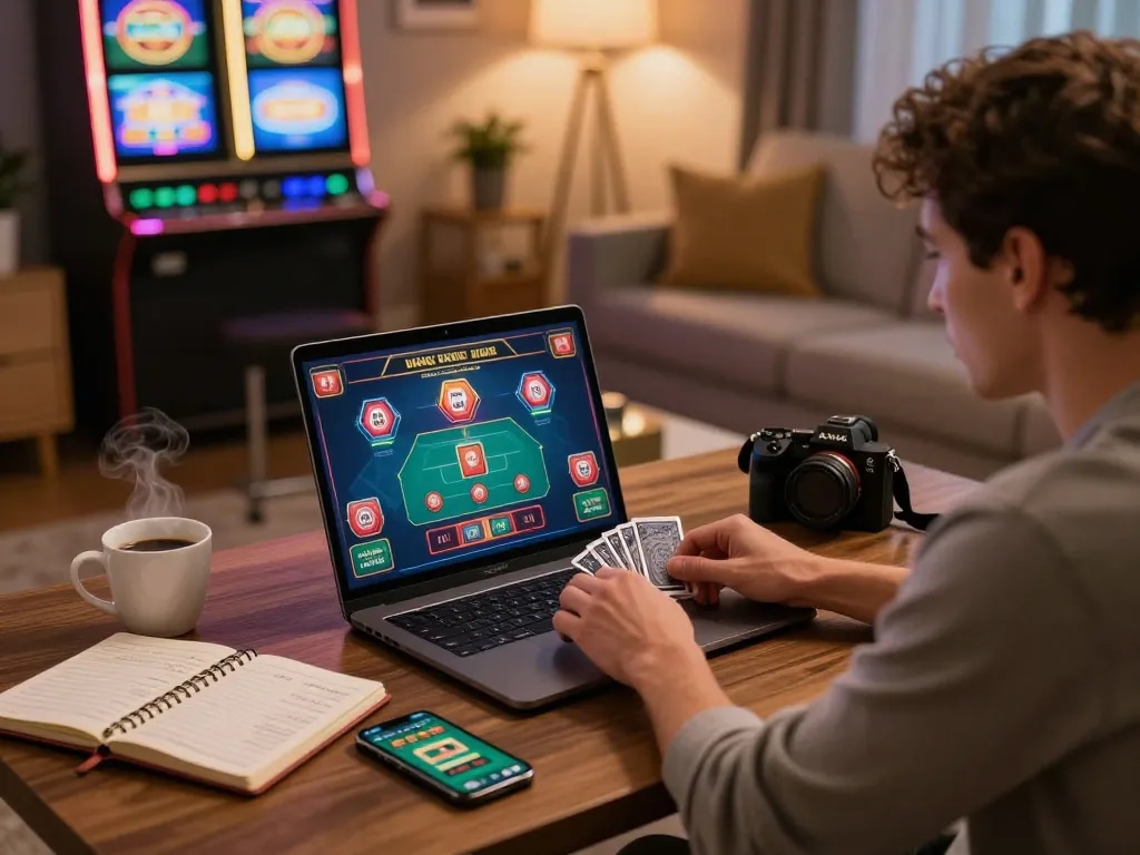 FLY 88 online casino player engaging with live dealer game at home, showcasing immersive gaming experience.