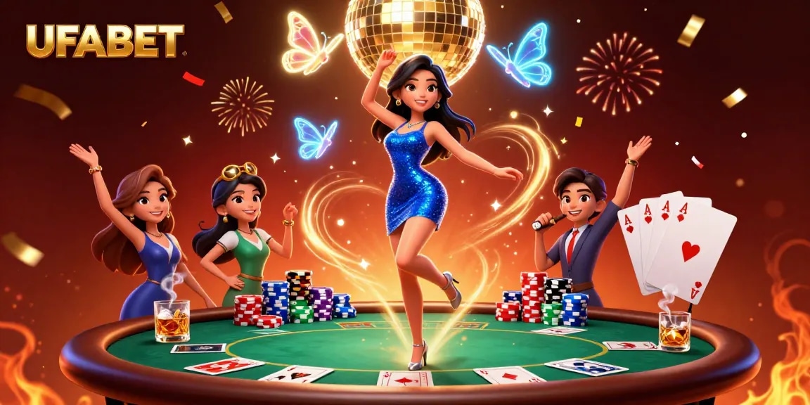 Experience the excitement of UFABET with glamorous characters surrounded by gambling elements in a vibrant casino scene.