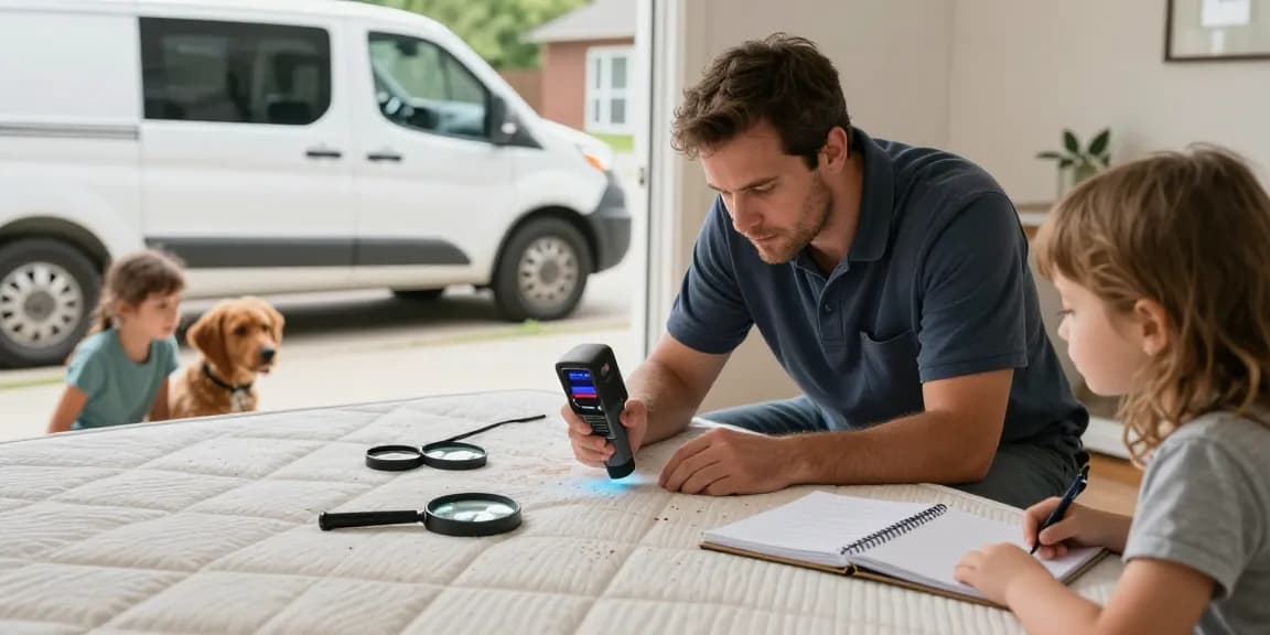 Professional examining mattress for bed bug pest control in a home setting, showcasing expertise and reliability.