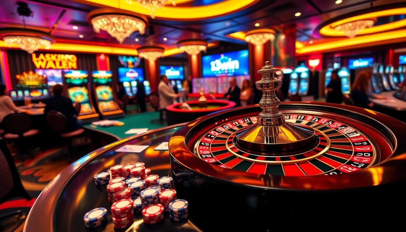 Engaging 13win casino experience featuring roulette, poker chips, and vibrant players.
