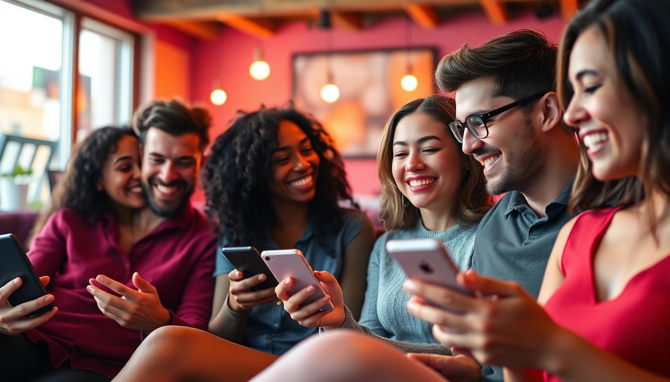 Engaging adults in a vibrant sexchat environment with modern devices and joyful interactions.