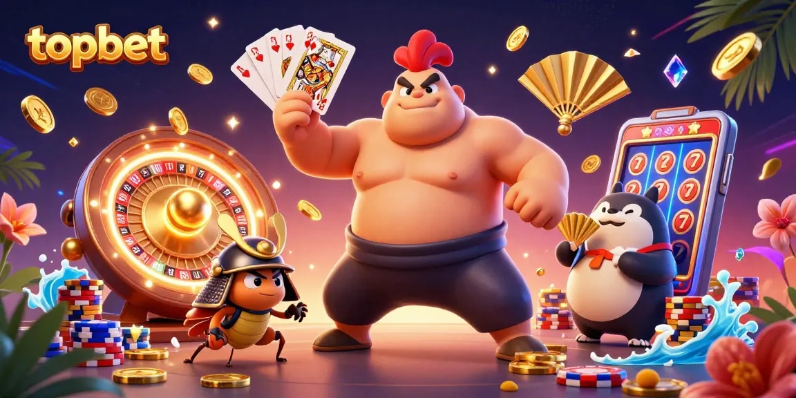 Topbet's thrilling 3D scene showcases a powerful sumo wrestler rooster amidst soaring coins and vibrant casino elements.