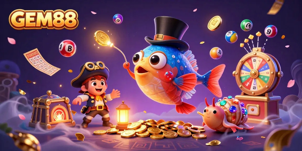 Experience the excitement of GEM88 with vibrant colors and dynamic casino illustrations.