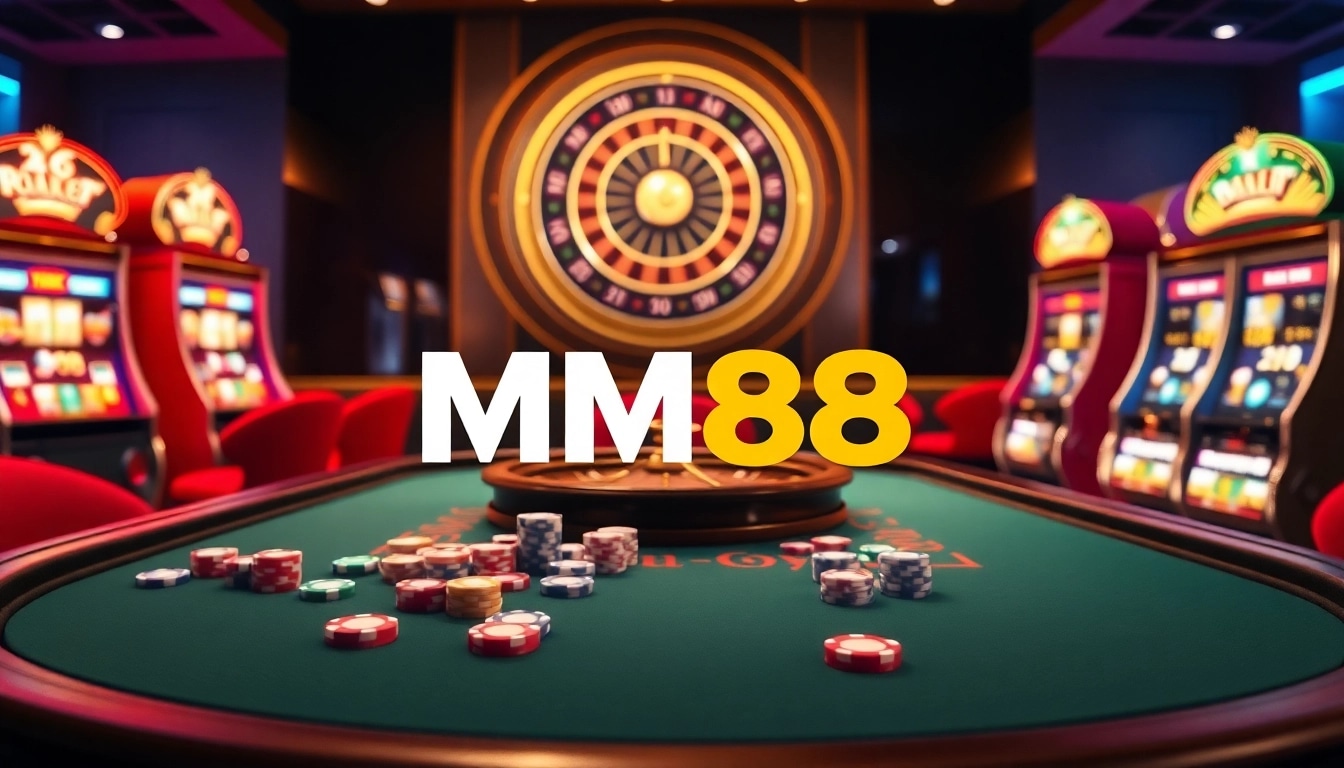 Experience the thrill of MM88 with vibrant poker chips and a glamorous casino setting.