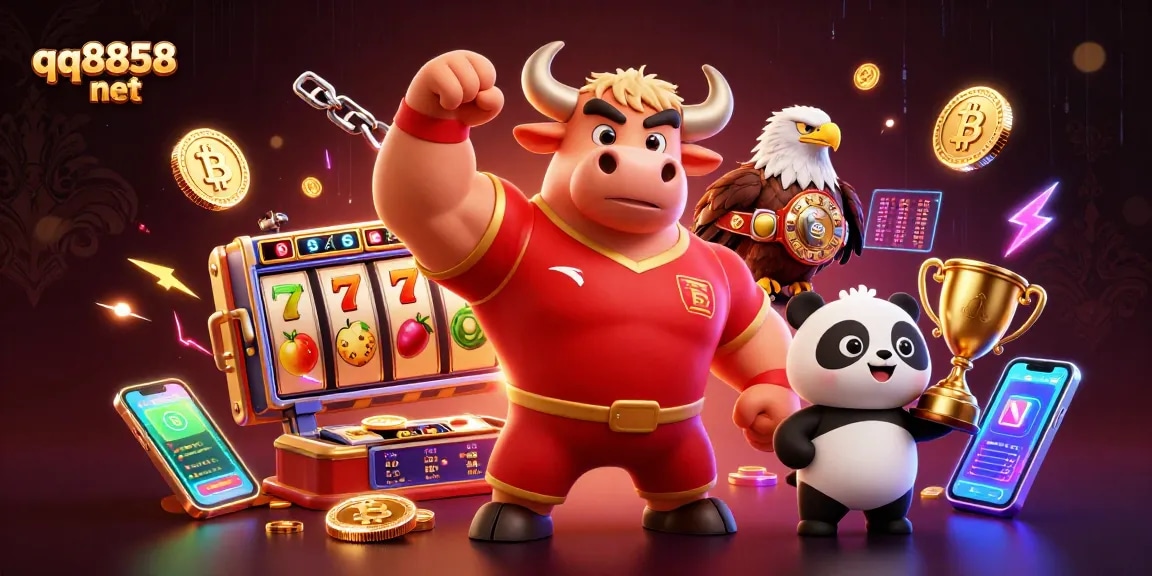 Experience the thrill of gambling with qq8858 net featuring a strong bull mascot and vibrant casino elements.