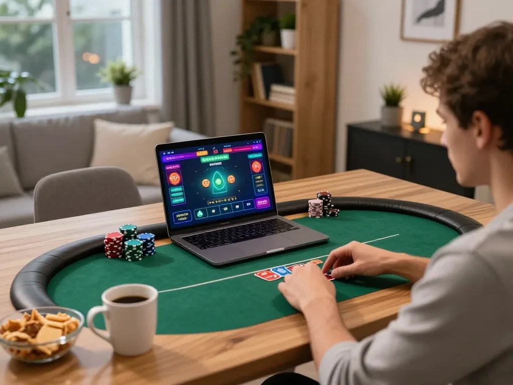 88AA players strategizing in an online poker game at home with snacks and a cozy atmosphere