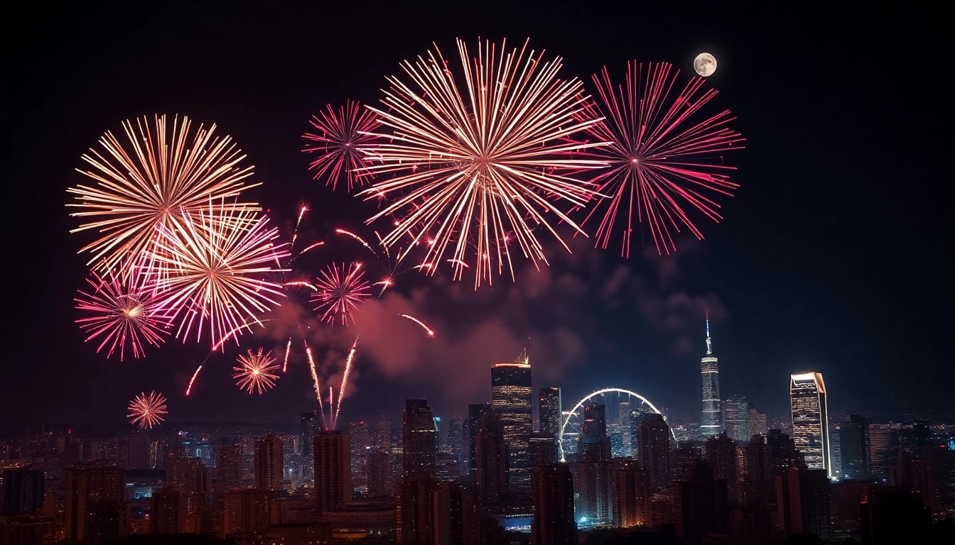 Fireworks UK illuminate the night sky above a bustling city, creating a festive atmosphere.