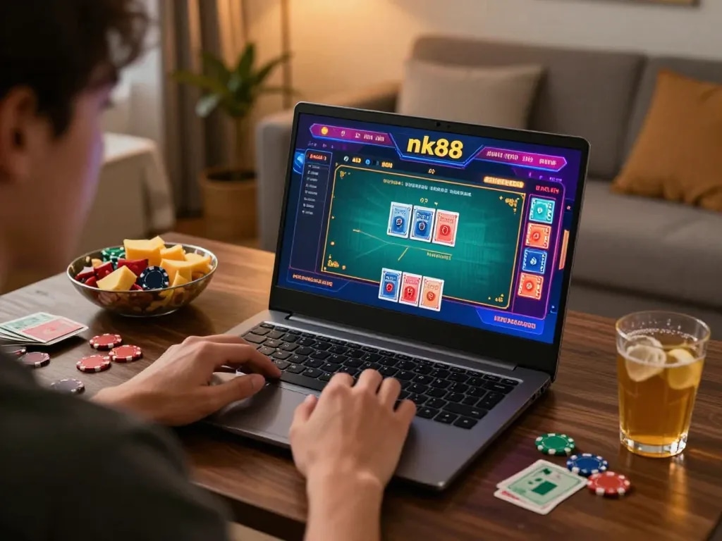 Engaging in professional online gaming at nk88 with a laptop and vibrant casino interface.