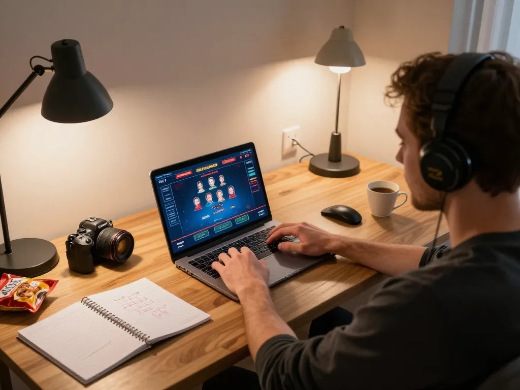 Engaging gaming setup using Link VT88 for online poker with cozy home atmosphere.
