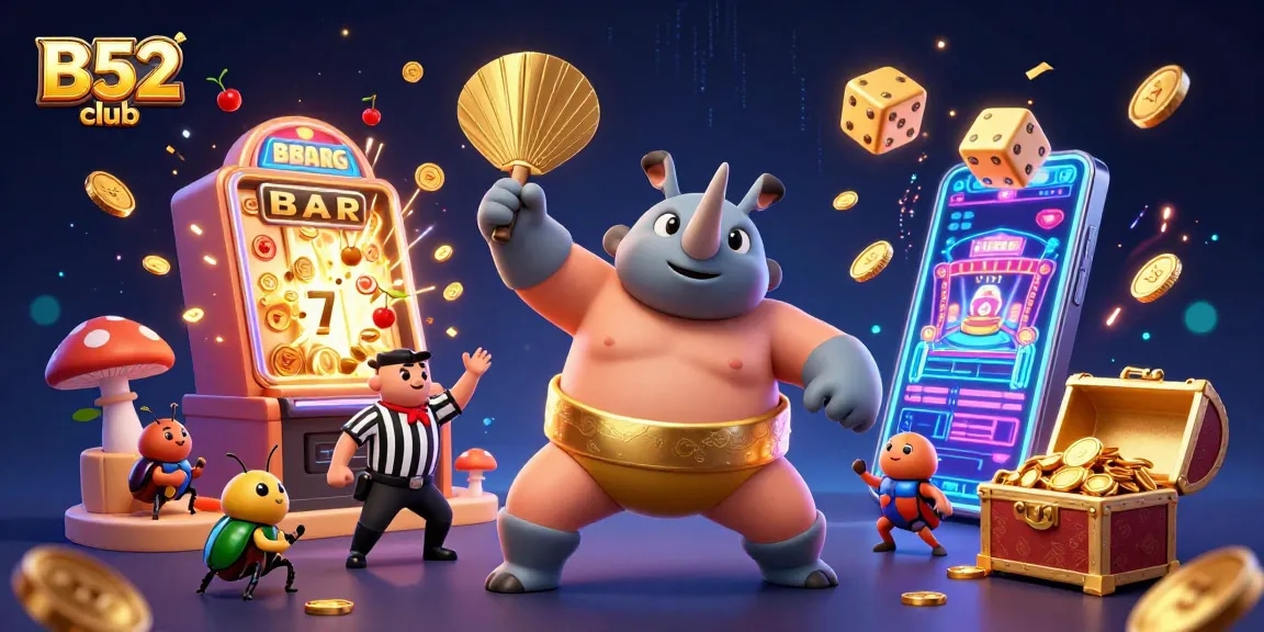 Experience the excitement of the B52 club as vibrant coins fly with a stunning sumo beetle champion.