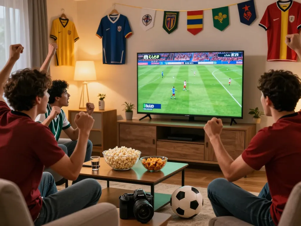 Excited friends watching trực tiếp bóng đá in a cozy living room with snacks and football memorabilia.