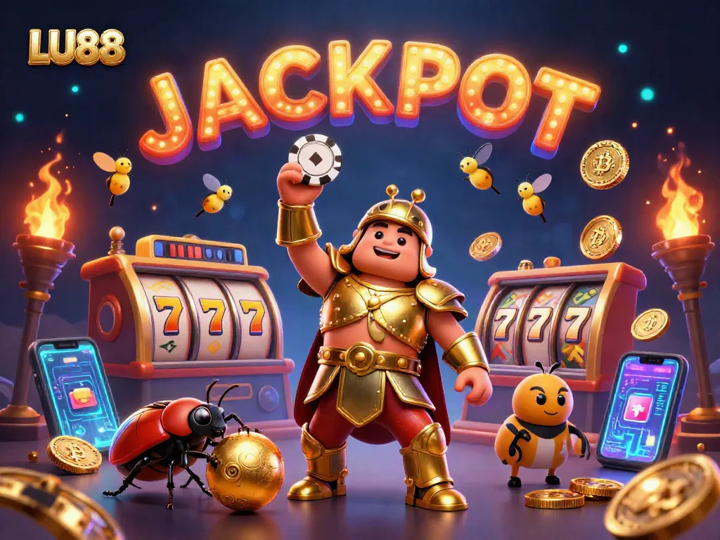 LU88 showcases a victorious beetle in golden armor lifting a poker chip, surrounded by dazzling casino elements.