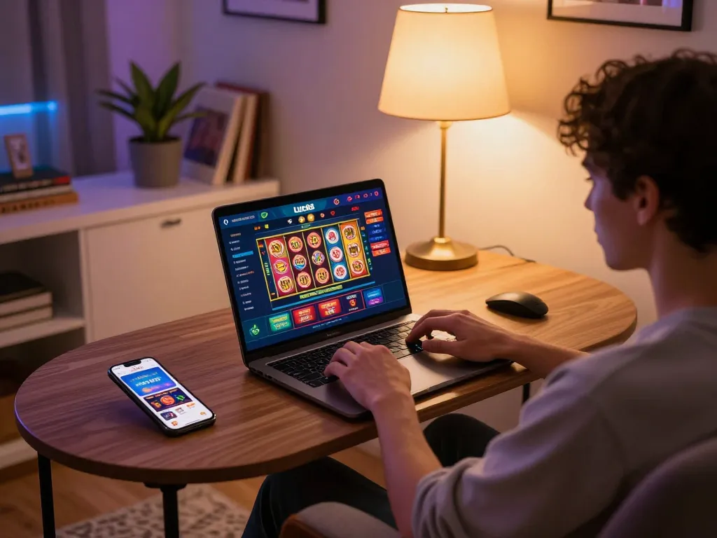 Playing exciting games on LUCK8 online casino platform with cozy home setup.