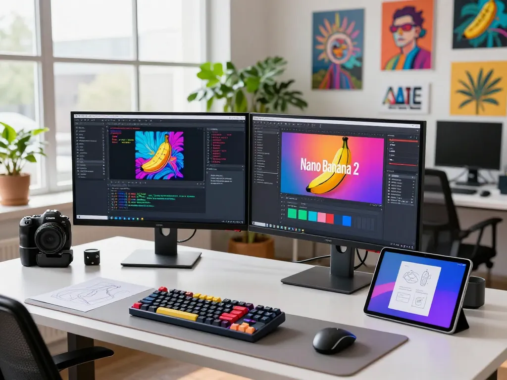 Developer using Nano Banana 2 in a vibrant tech workspace with dual monitors and creative AI applications.