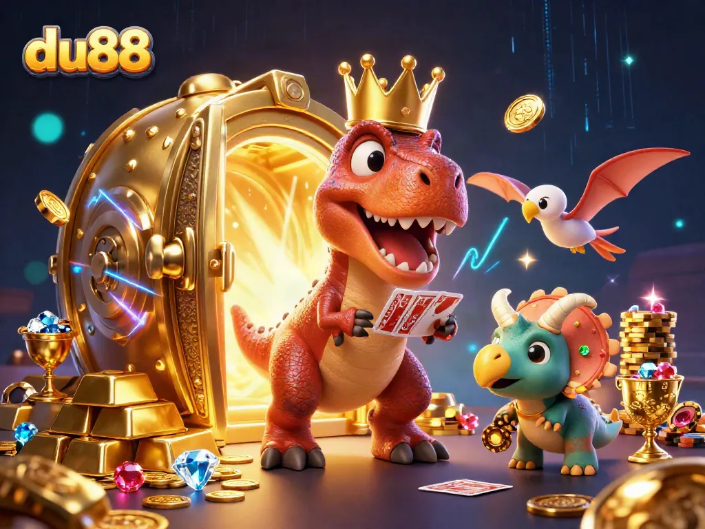 Experience exhilarating wins at du88, a vibrant scene with casino characters and gold treasures.