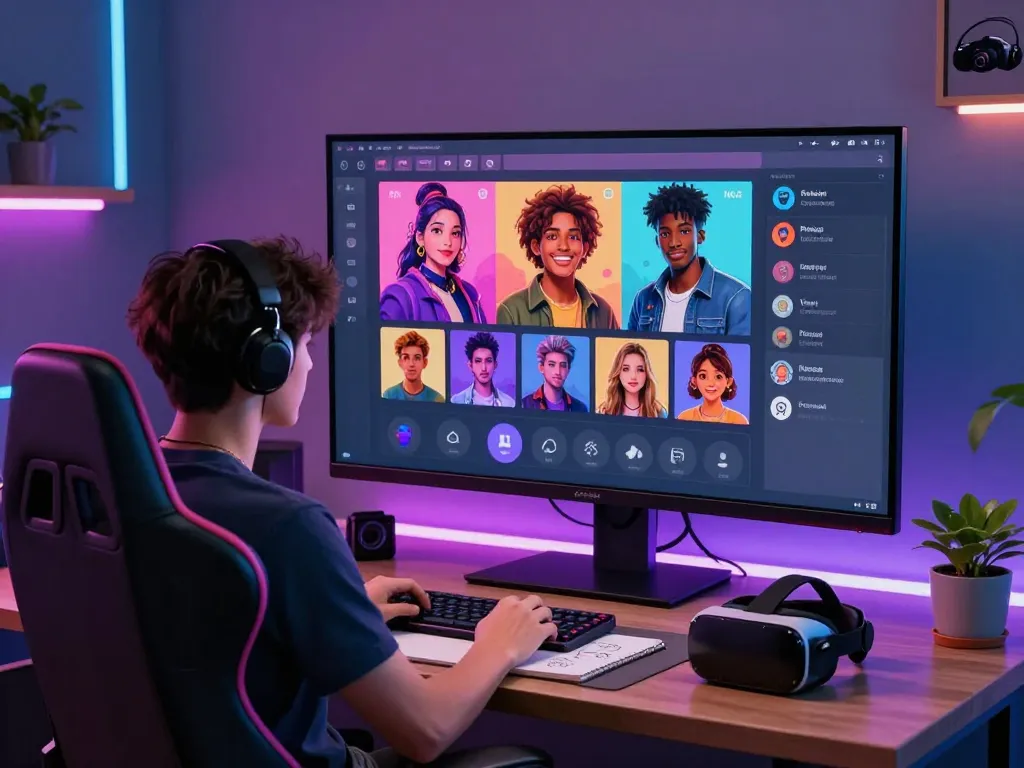 Engaging with nsfw character ai companions on a futuristic interface in a colorful, immersive tech environment.