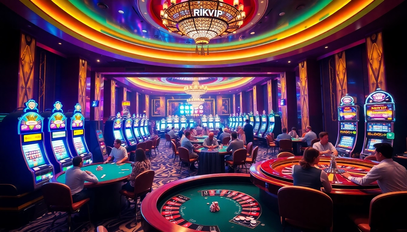 Engage in thrilling play at rikvip casino tables with vibrant poker action and colorful slot machines.