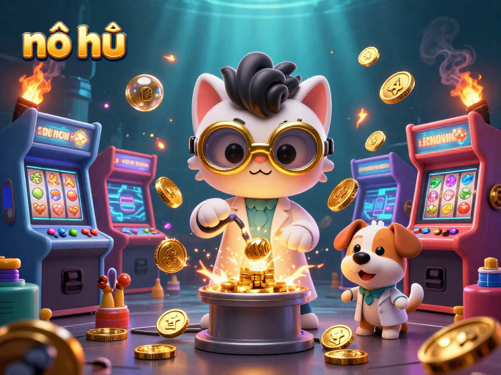 Spin the nổ hũ games with vibrant scenes of a mad scientist cat and dog creating wealth!