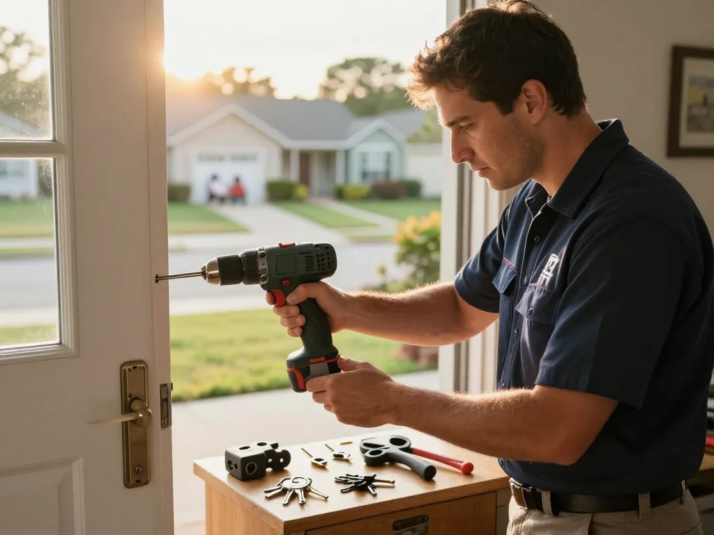 Expert local locksmith Fort Pierce repairing residential door lock with tools