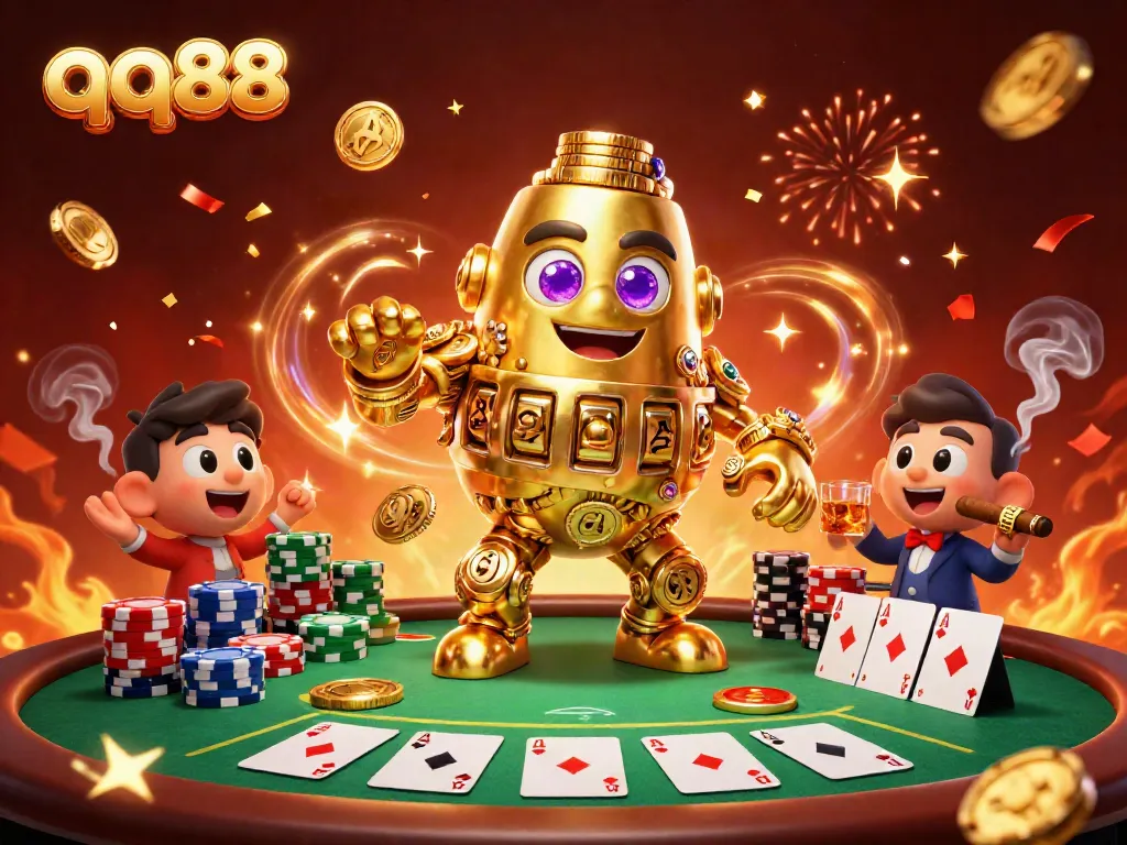 Engage in thrilling bets at qq88 with a vibrant 3D scene showcasing a golden golem and poker elements.