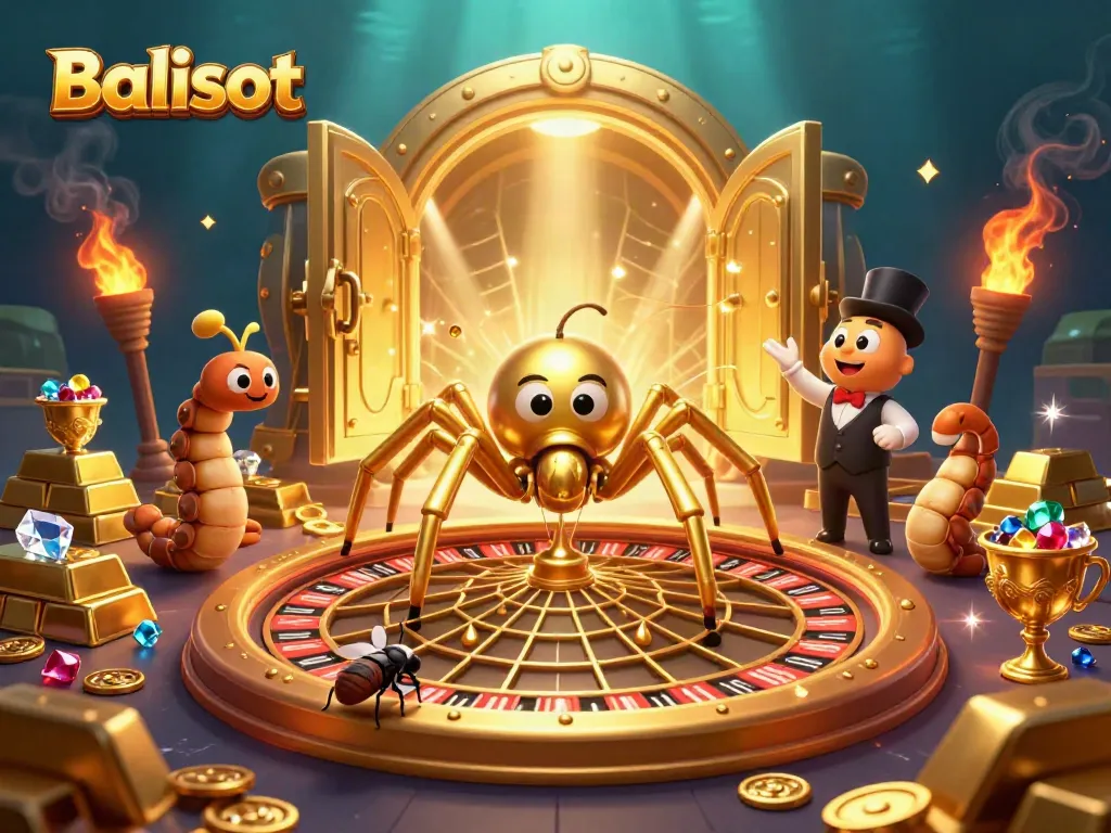 Engaging Balislot illustration showcasing a golden spider and centipede croupier in a casino themed scene.