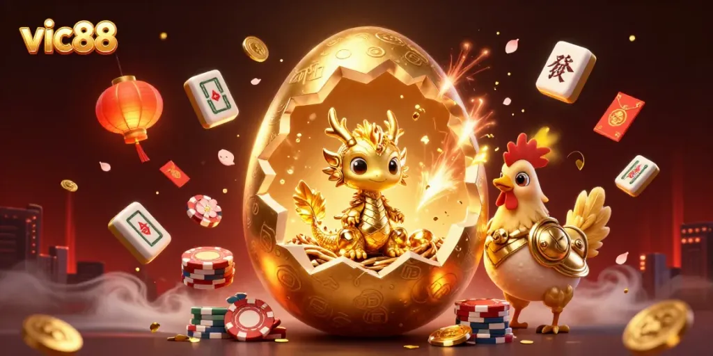 Engage with exciting games at Vic88, featuring a radiant baby dragon with poker chips in a golden nest.