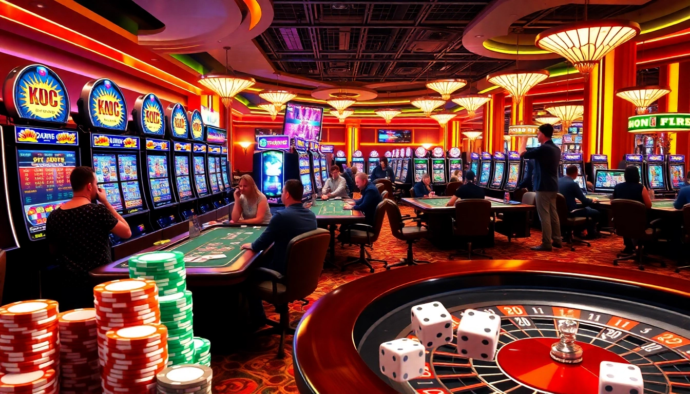 A thrilling KJC AC casino scene featuring poker tables, slot machines, and roulette wheels bustling with excitement.