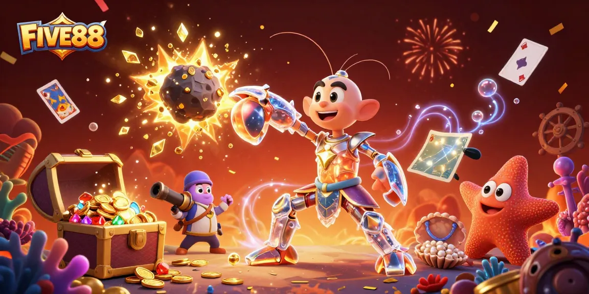 Experience the exciting world of gambling with the FIVE88 galactic samurai and treasure-filled underwater scene.