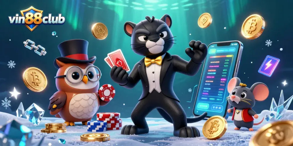 Experience thrilling gameplay at vin88club with stylish 3D characters in an animated casino scene filled with crypto elements.
