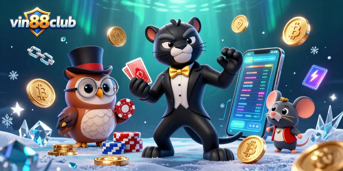 Experience thrilling gameplay at vin88club with stylish 3D characters in an animated casino scene filled with crypto elements.