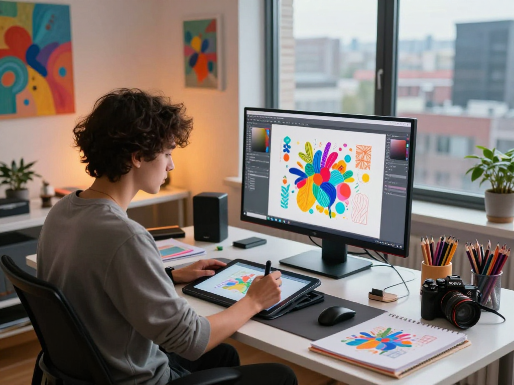 AI NSFW artist creating vibrant digital artwork in modern studio.