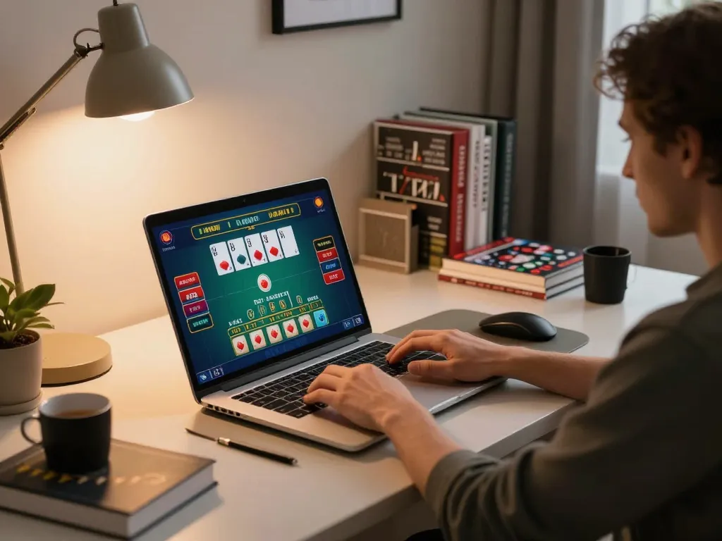 Player engaging in online blackjack at 678vip, showcasing strategic gameplay in a modern home setting.