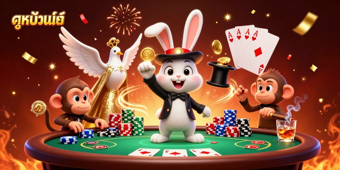 Experience ดูหนังออนไลน์ as a magician rabbit conjures coins amidst vibrant casino elements in a dynamic illustration.