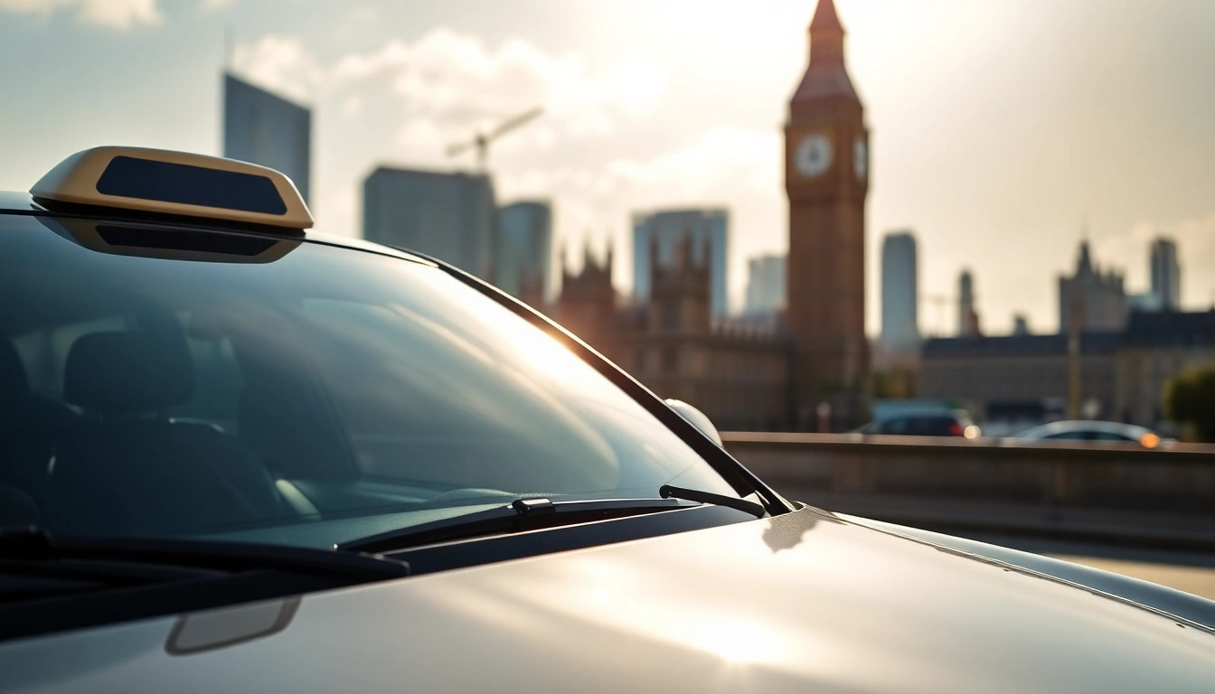 Efficient taxi ready for Heathrow travelers against a scenic London backdrop.