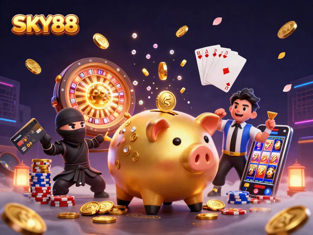 Engaging SKY88 scene with a golden piggy bank sumo wrestler shaking coins around in a thrilling casino atmosphere.
