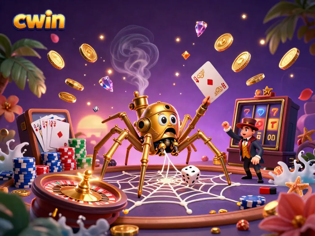 CWIN captivates with a steampunk spider weaving a golden web of chance in this vibrant gambling scene.