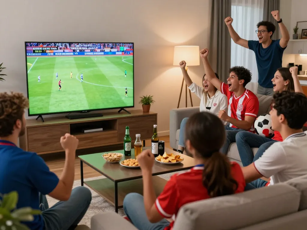 Cakhia football fans celebrating a match in a lively living room atmosphere.