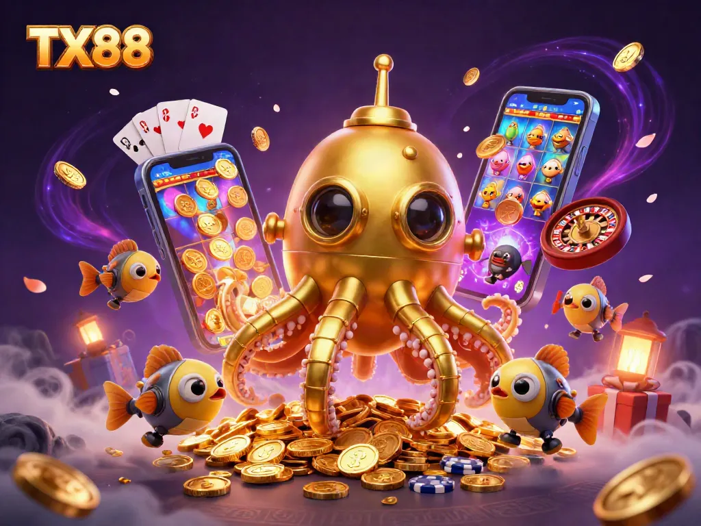 Experience the excitement of TX88 with a golden kraken submarine amidst coins and dynamic casino elements.