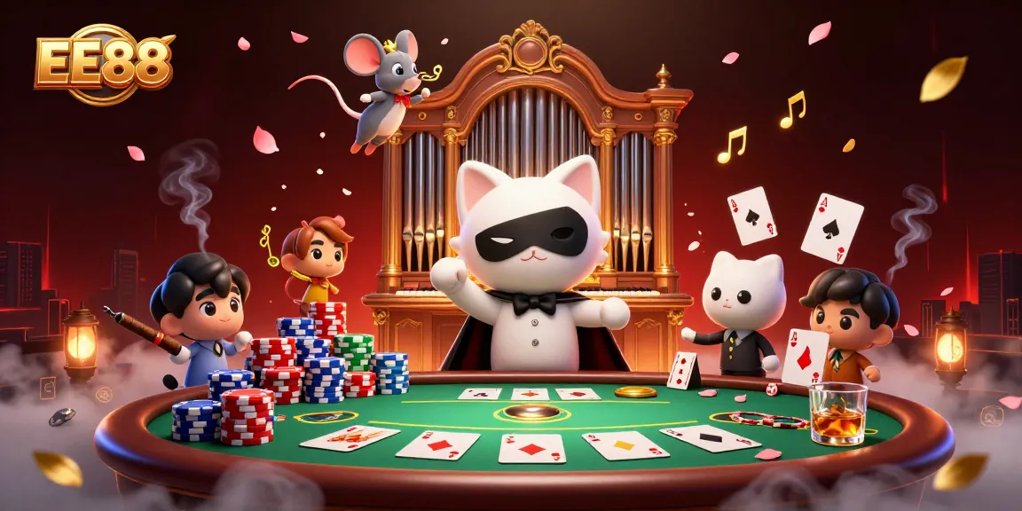 EE88 plunges players into a vibrant casino scene with acrobatic characters and poker elements.