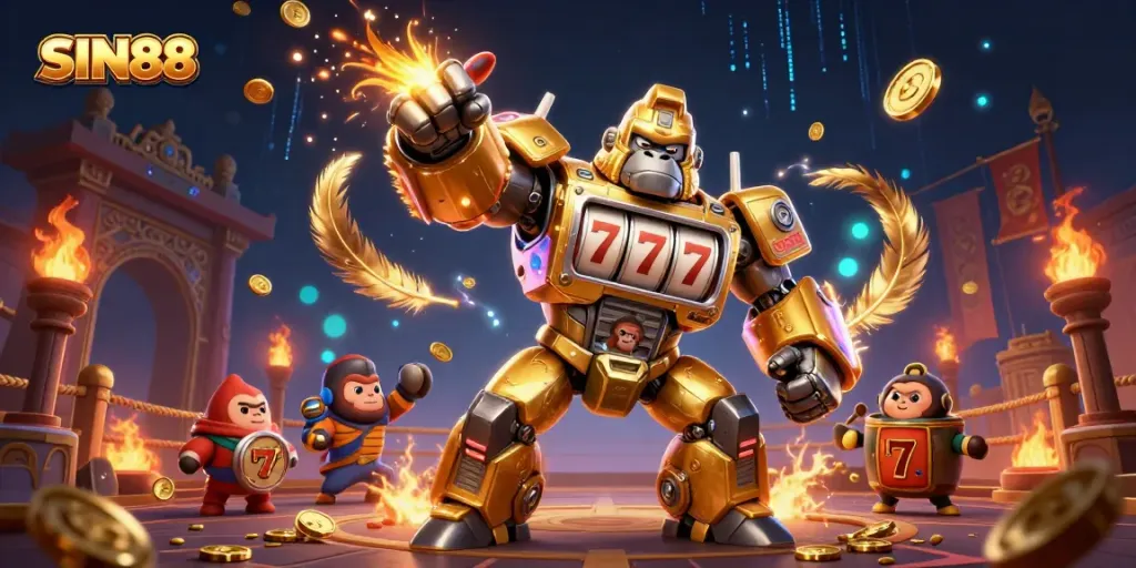 SIN88's golden gorilla mech surrounded by shimmering coins and vibrant casino elements, showcasing an exciting online gaming experience.