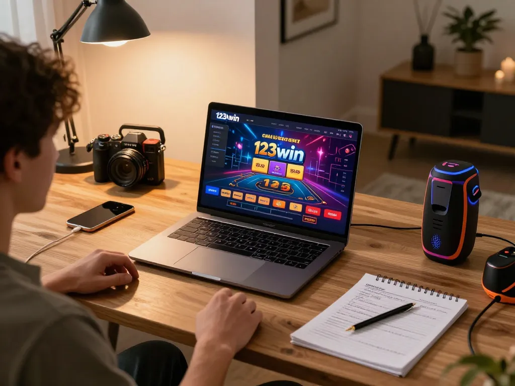 123win user's immersive online gaming experience with vibrant interface and strategic notes