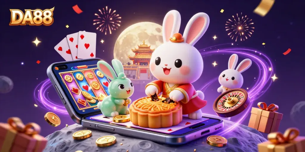 Engage with DA88 through a lavish 3D illustration of a moon rabbit celebrating casino games with golden elements and vibrant details.